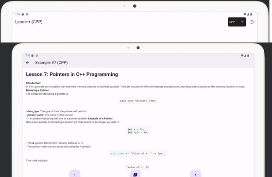 Lesson view showing a C++ pointers lesson